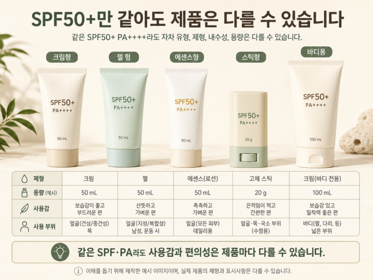 여러 선크림의 SPF와 PA, 제형과 용량을 비교하는 모습