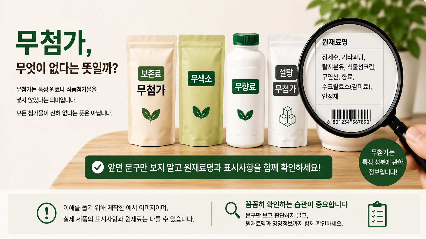 무첨가와 무보존료 및 무색소 표시가 있는 식품의 원재료명을 확인하는 모습