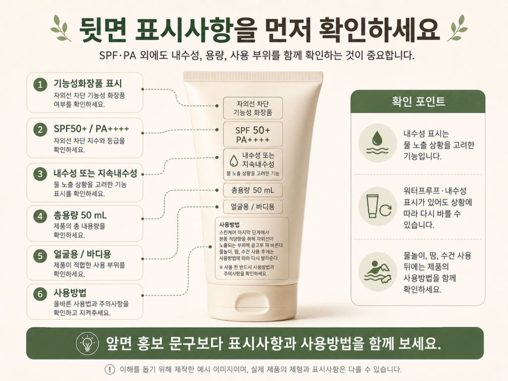 선크림 뒷면에서 SPF와 PA, 내수성, 용량과 사용 부위를 확인하는 모습