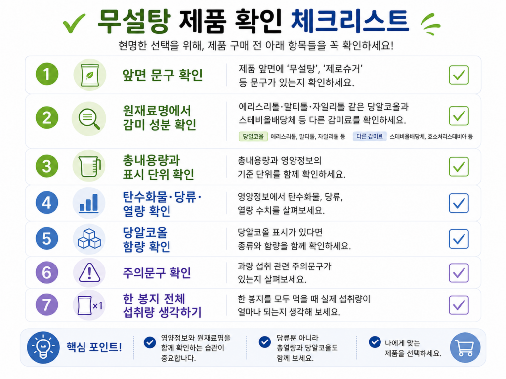 무설탕 제품 구매 전 원재료명과 열량, 당알코올 함량, 주의문구를 확인하는 체크리스트