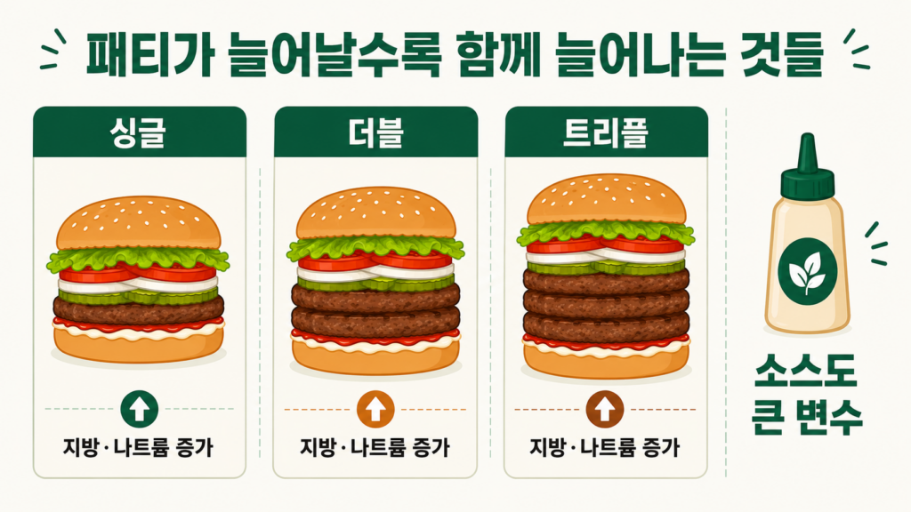 버거킹 싱글 더블 트리플 패티 개수와 소스 구성 비교 이미지