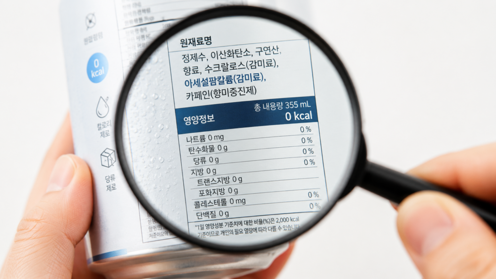 제로 음료의 원재료명과 영양정보를 돋보기로 확인하는 모습