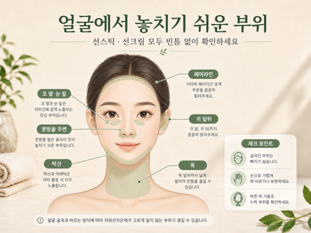얼굴에서 자외선차단제를 놓치기 쉬운 콧방울과 헤어라인, 귀와 턱선을 표시한 이미지