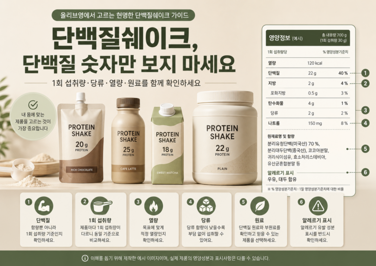 여러 단백질쉐이크의 단백질 함량과 당류 및 열량을 비교하는 모습