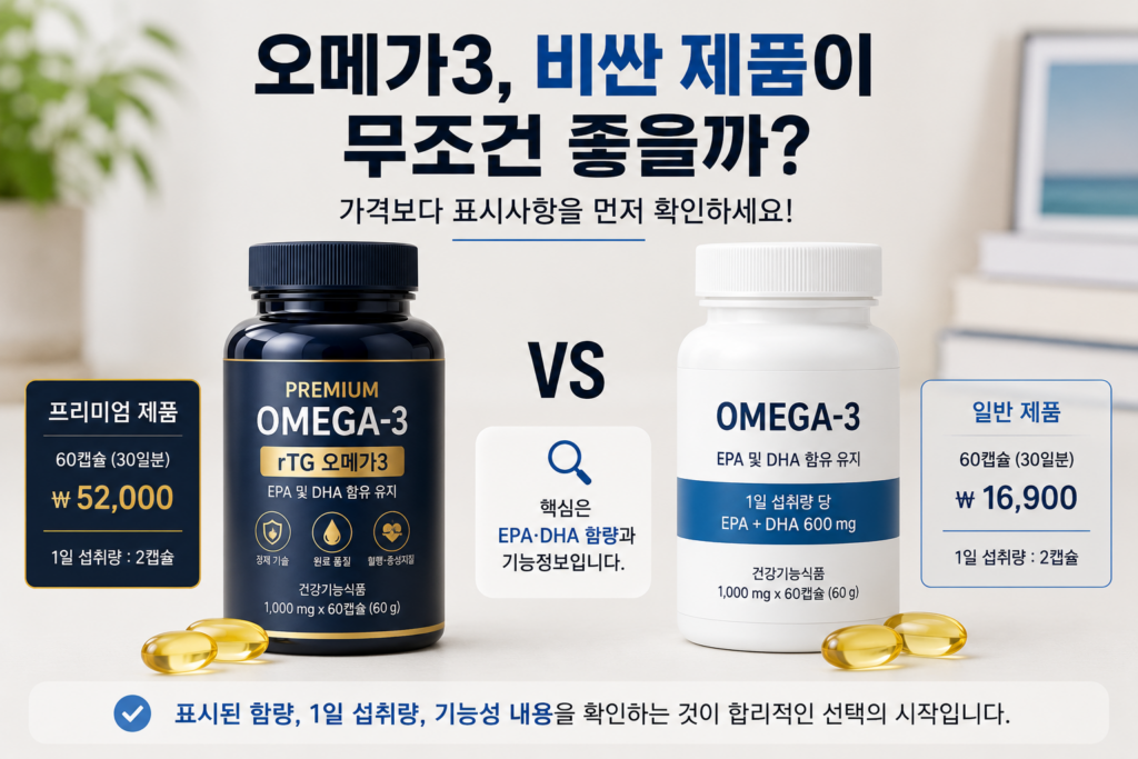 비싼 오메가3와 일반 오메가3의 표시사항 비교 예시