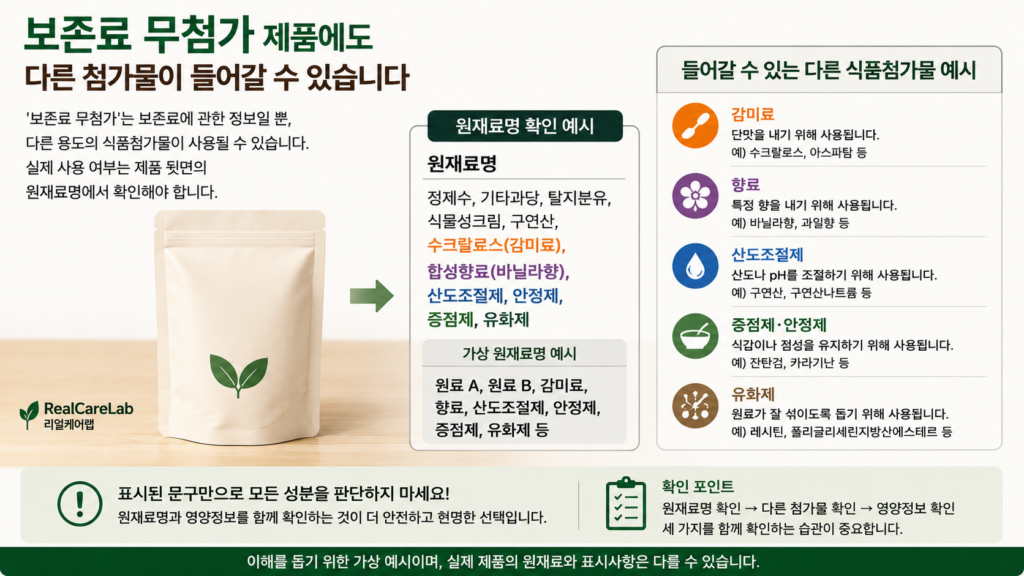 보존료 무첨가 제품의 원재료명에서 다른 식품첨가물을 확인하는 모습