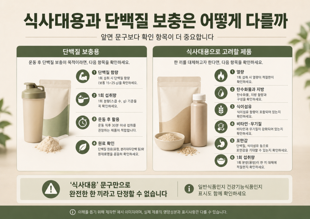 단백질 보충용 제품과 식사대용으로 고려할 제품의 확인 항목을 비교한 이미지