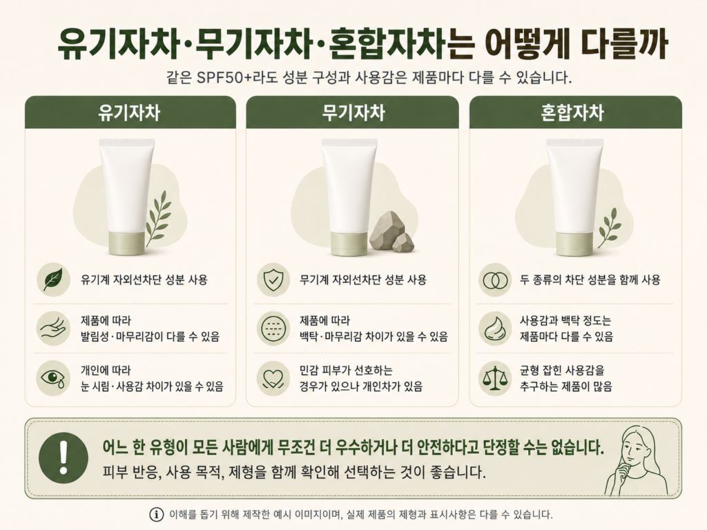 유기자차와 무기자차 및 혼합자차의 성분 구성과 사용감 차이를 비교한 이미지