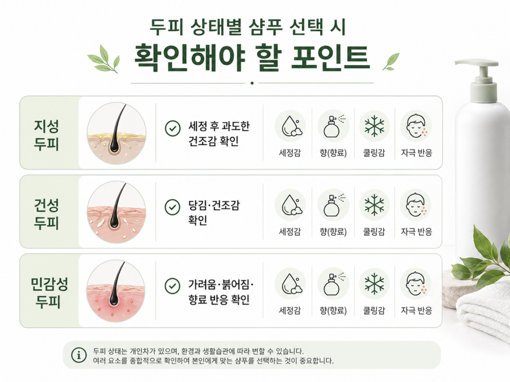 지성·건성·민감성 두피에서 세정력과 향료 및 자극 반응을 확인하는 이미지