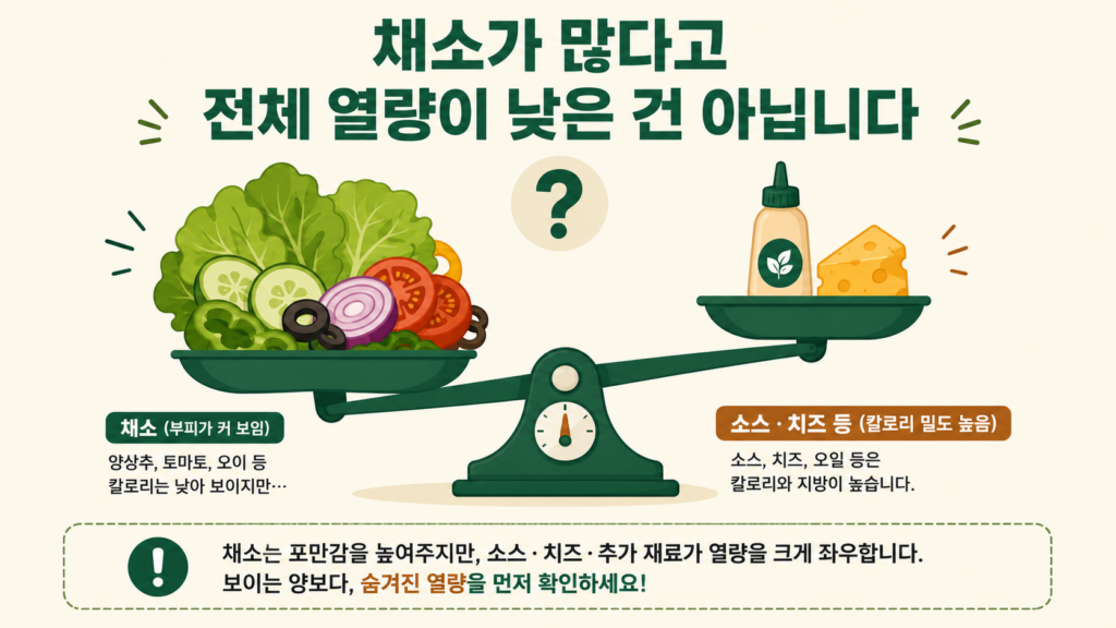 채소와 소스 치즈 열량 비교 저울 그림, 채소가 많다고 전체 열량이 낮은 건 아니라는 설명 이미지