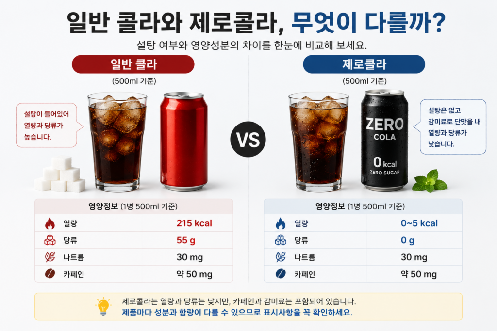 일반 콜라와 제로콜라의 열량 당류 감미료 차이 비교