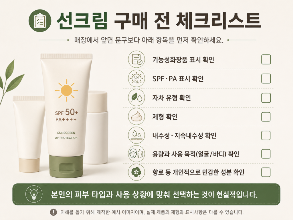 올리브영에서 선크림을 고를 때 기능성화장품 표시와 제형 및 내수성을 확인하는 체크리스트