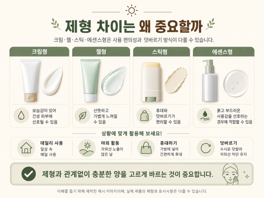 크림형과 로션형, 젤형, 스틱형 선크림의 사용 상황을 비교한 이미지