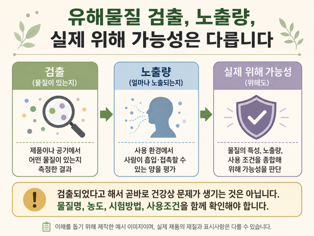 유해물질 검출과 노출량, 위해 가능성의 차이를 보여주는 그래픽