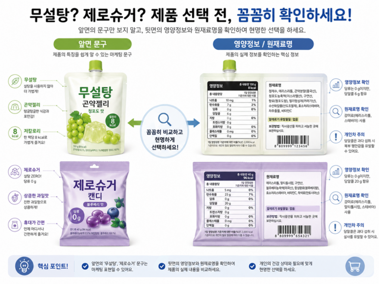 무설탕 젤리와 캔디의 앞면 문구와 뒷면 원재료명 및 영양정보를 비교하는 모습