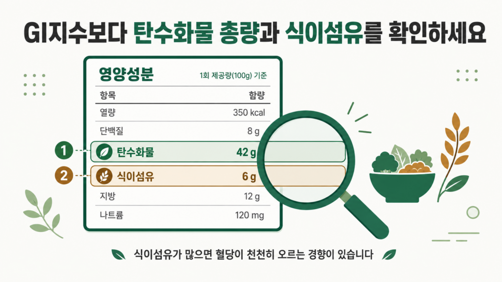 탄수화물 총량과 식이섬유 확인의 중요성을 보여주는 이미지